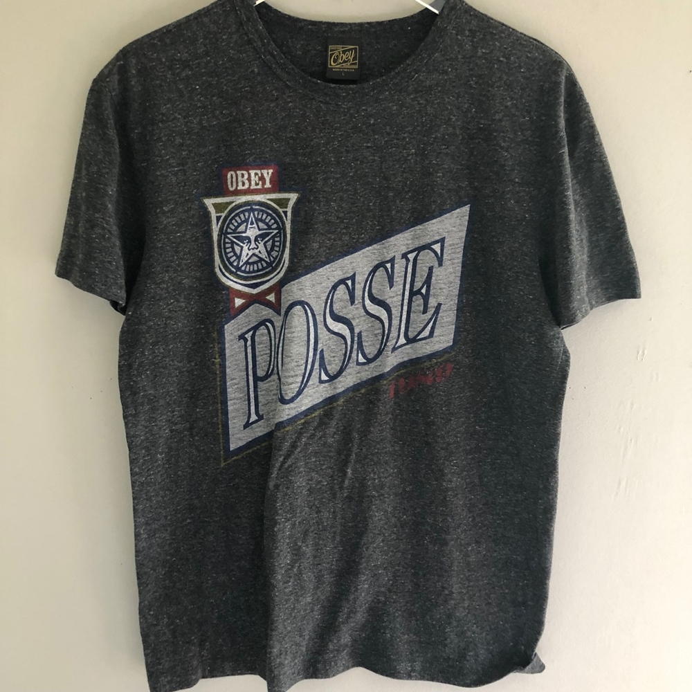 OBEY Mens T Shirt "POSSE" Gray Large Logo short sleeve